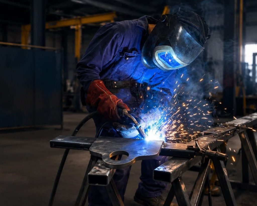 Lasser voert MIG/MAG-laswerk uit aan een stalen constructiedeel in een industriële werkplaats.