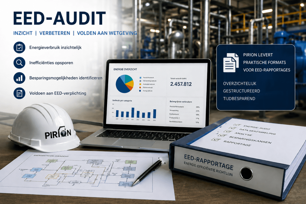 Promotieafbeelding van een industriële EED-audit met laptop, rapportmap, veiligheidshelm met PIRION-logo en fabriek op de achtergrond.